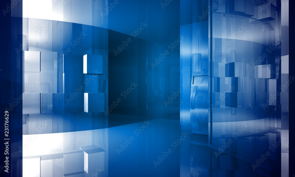 Indoor building. Office space with blue light effects Indoor building. Office space with blue light effects