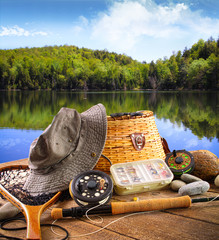 Fly fishing equipment  near a lake