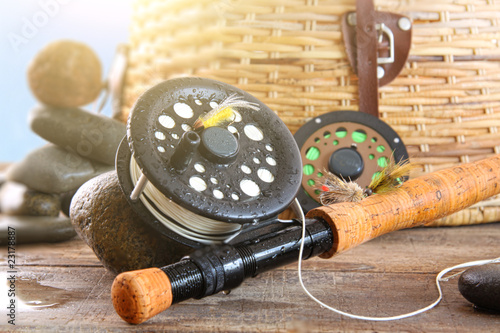 Close-up fly fishing rod and basket