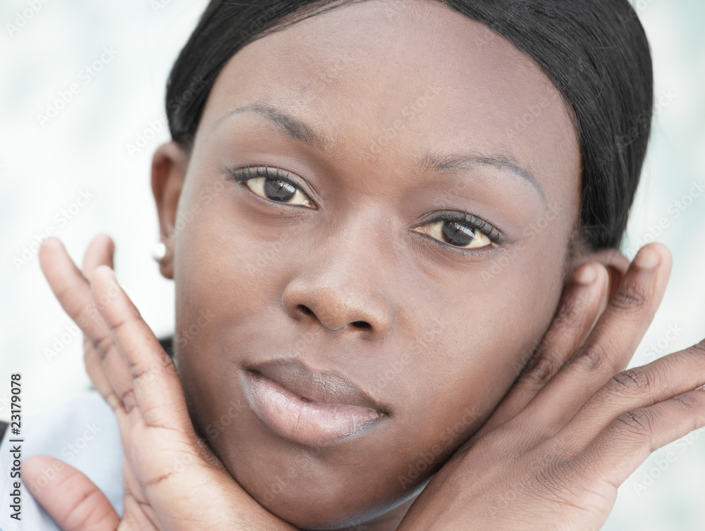 Headshot of a woman and her hands Headshot of a woman and her hands