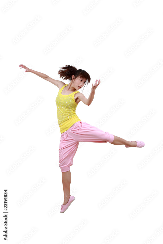 Girl jumping isolated on white background .