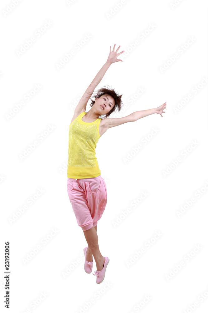 Girl jumping isolated on white background .