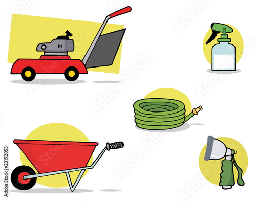 Lawnmower, Wheel Barrow, Hose, Spray Bottle And Nozzle