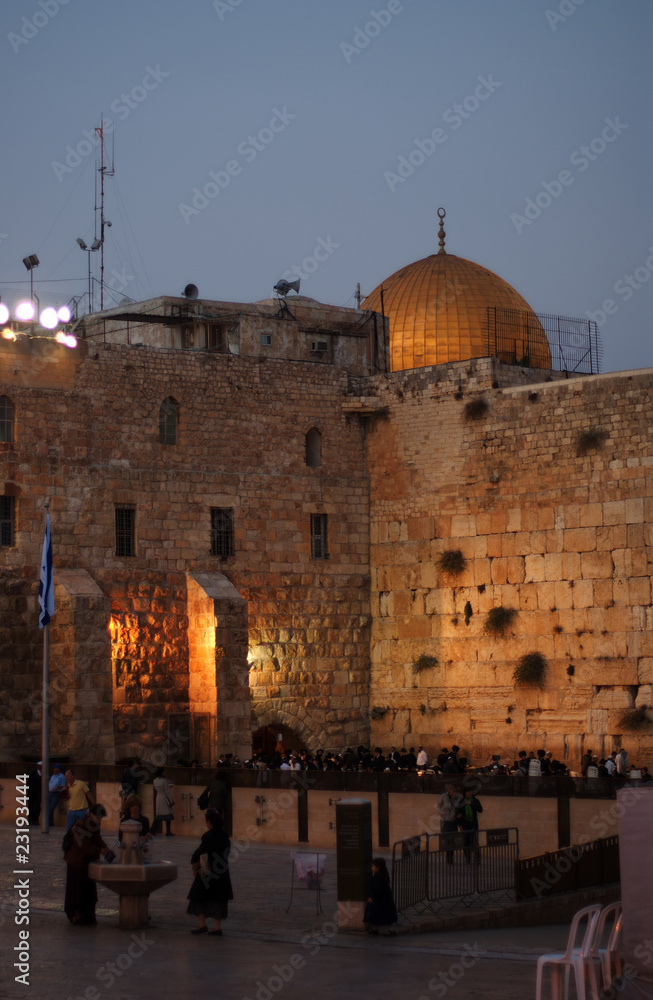 View of Wailing wall at night in Jerusalem