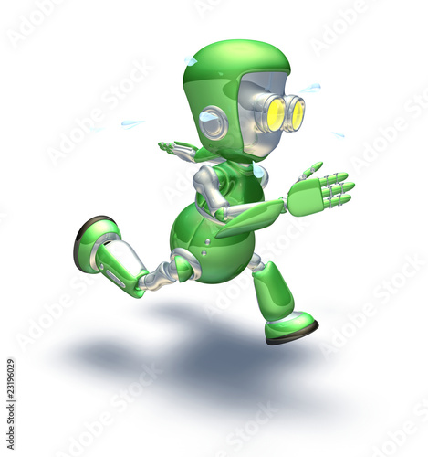 Cute green metal robot character running a sprint