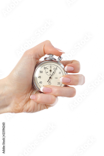 Beautiful womans hand with stop watch. isolated on white