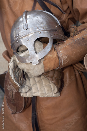 Helmet in hand soldier viking army