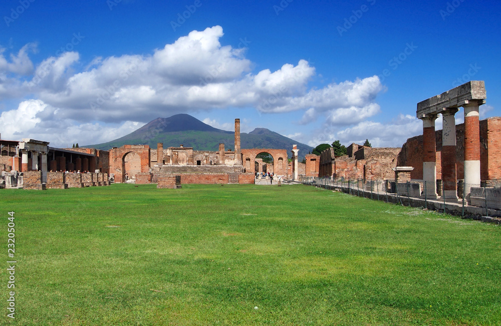 View of the Pompei ruins and Vesuvius volcano in background.