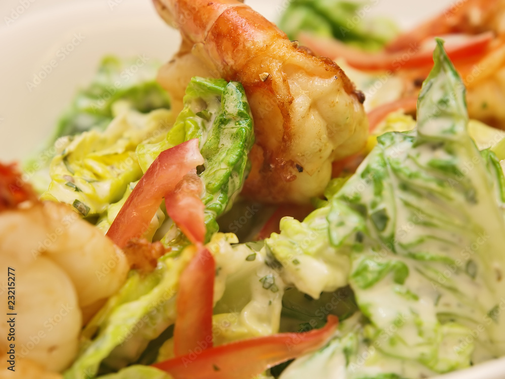 fresh garden salad with grilled prawns on a stylish white bowl fresh garden salad with grilled prawns on a stylish white bowl