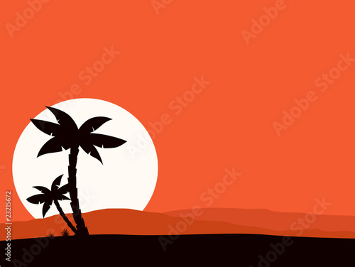 Retro holiday red background with sunset and palms