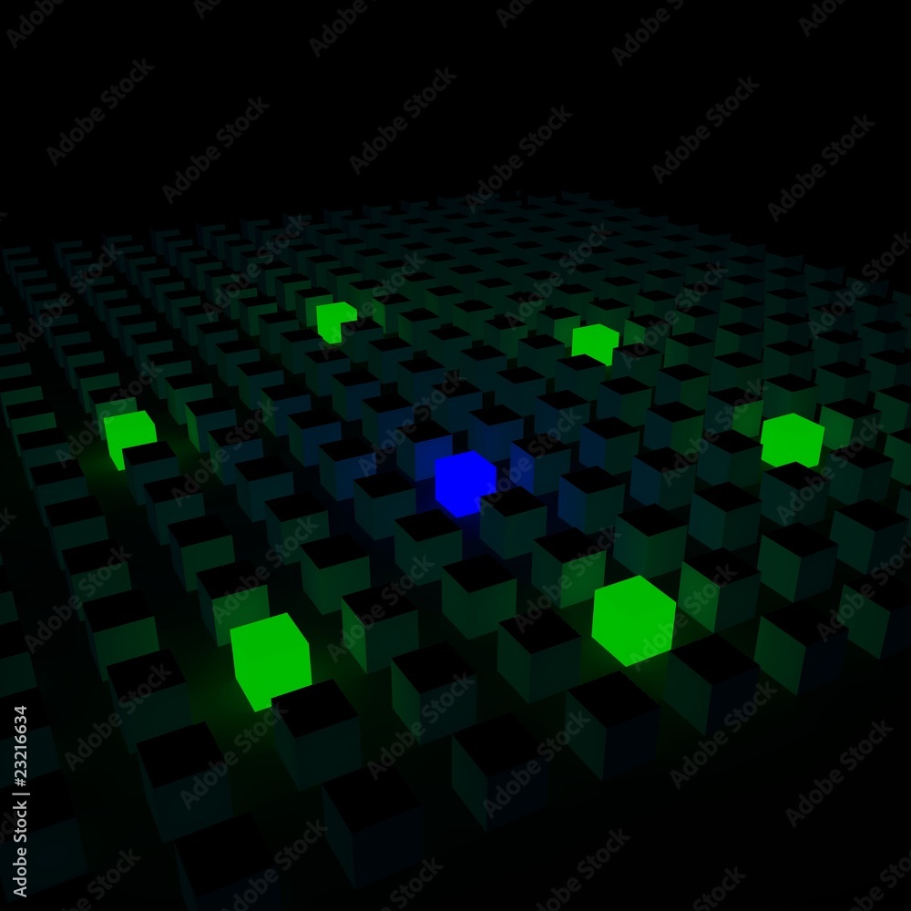 glowing blue cube surrounded in green cubes in dark glowing blue cube surrounded in green cubes in dark