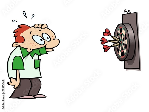 Surprised darts player looking at the triple bulls eye result