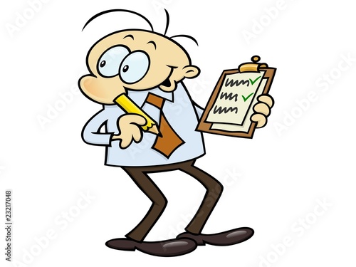 A smiling clerk checking a list