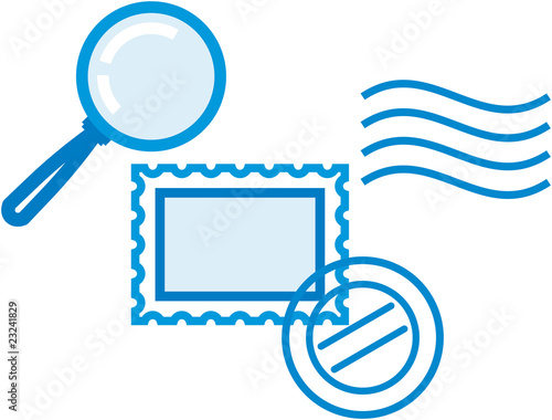 Philately, postal items – post stamps and magnifying glass