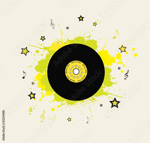 Music background with vinyl plate and ink splashes