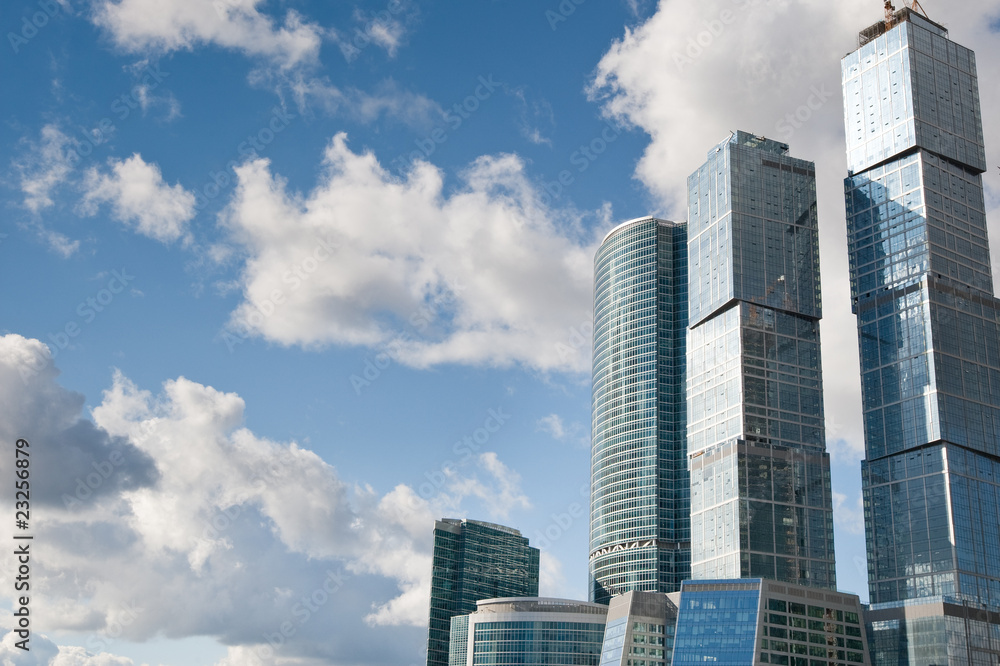 Many scyscrapers of Moscow city under blue sky Many scyscrapers of Moscow city under blue sky