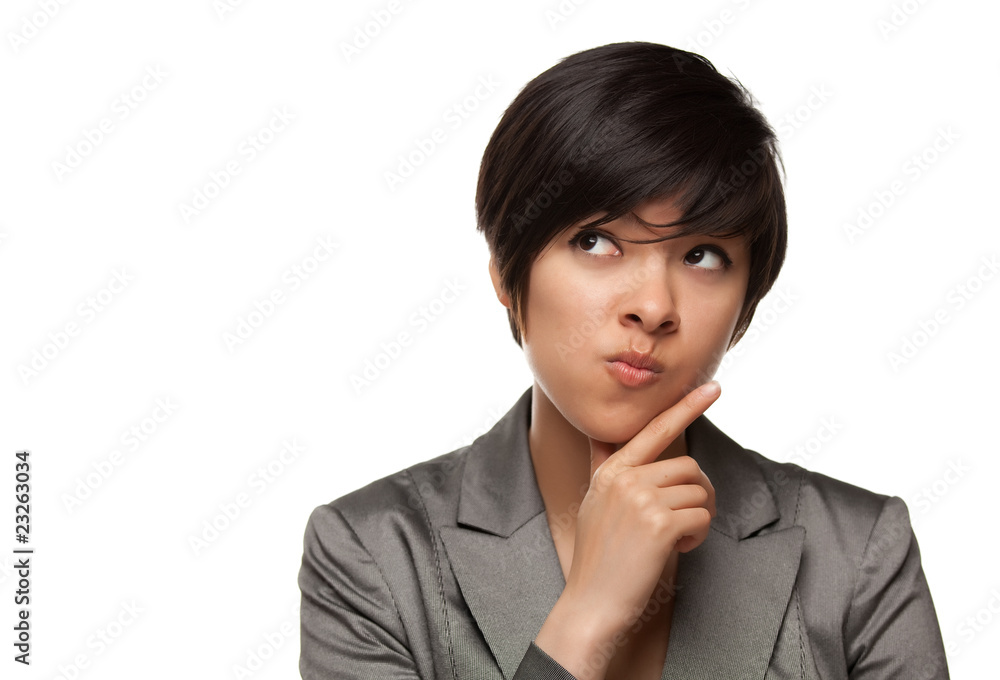 Pretty Thinking Multiethnic Young Adult with Eyes Up and Over Pretty Thinking Multiethnic Young Adult with Eyes Up and Over