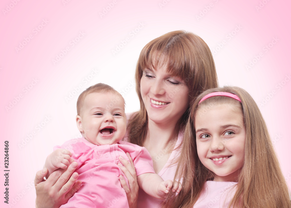 women and children on pink background women and children on pink background