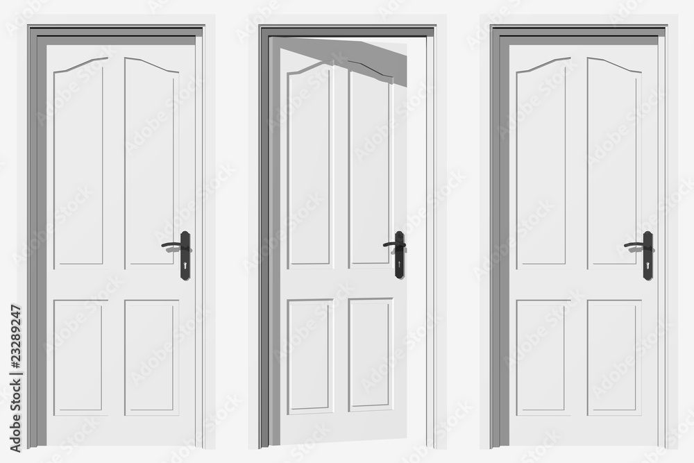 High resolution conceptual 3d doors in a row with one opened High resolution conceptual 3d doors in a row with one opened