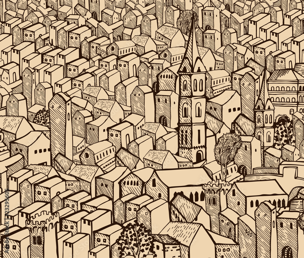 Medieval city -brown drawing