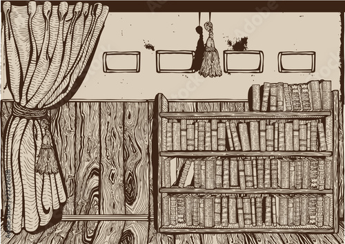 Vintage library interior. Drawing. Vector