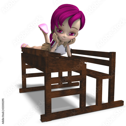 cute little cartoon school girl sitting on a school form. 3D ren photo