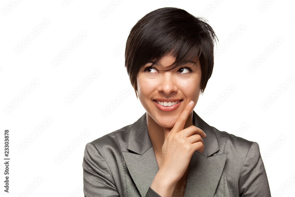 Pretty Smiling Multiethnic Young Adult Woman with Eyes Up and Ov Pretty Smiling Multiethnic Young Adult Woman with Eyes Up and Ov