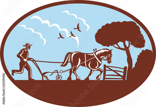 Farmer and horse plowing farm
