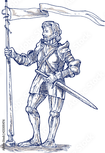 Knight standing with lance and flag