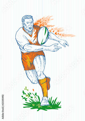 Drawing of a Rugby player running and passing ball