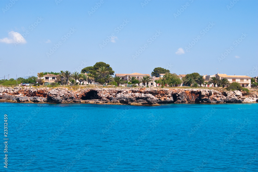 Cala Mendia shore and residential houses, Majorca island