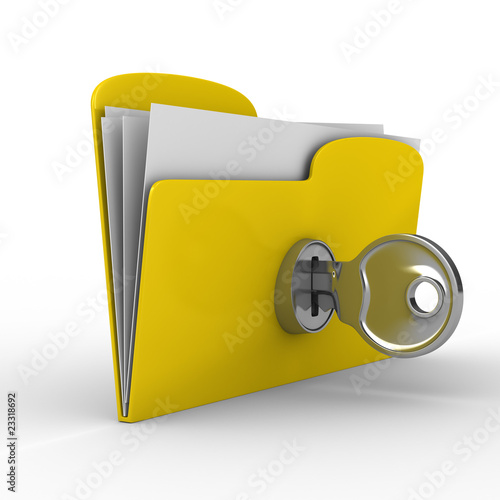 Yellow computer folder with key. Isolated 3d image
