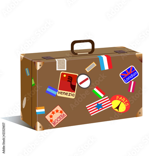 trunk with stickers and labels