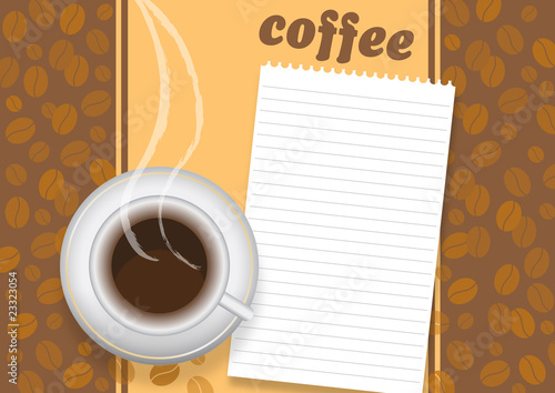 Cup of coffee on brown background with a beans photo