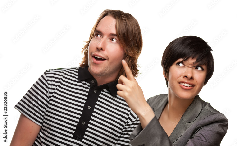 Diverse Caucasian Male and Multiethnic Female Pointing Up Diverse Caucasian Male and Multiethnic Female Pointing Up