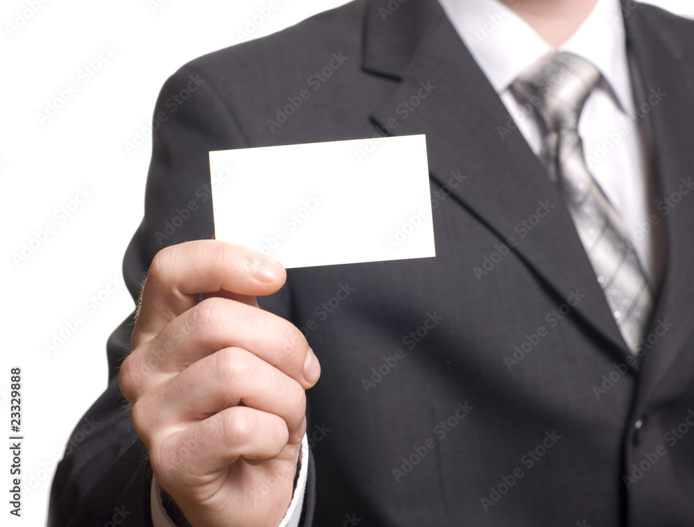 Business man handing a blank business card over white Business man handing a blank business card over white