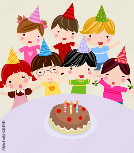 Children with a cake. Vector illustration.