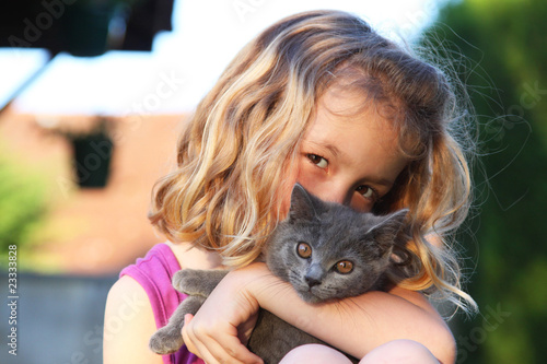 chaton chartreux dans les bras d'un enfant photo