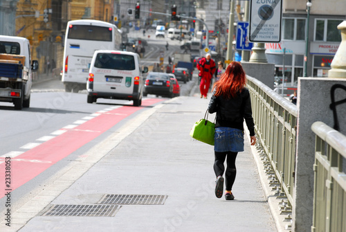 Obraz na plátně Jeune fille marchant sur un pont