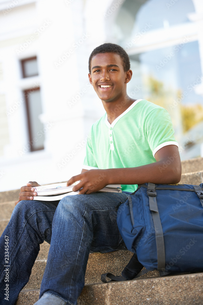 Fototapeta premium Male Teenage Student Sitting Outside On College Steps