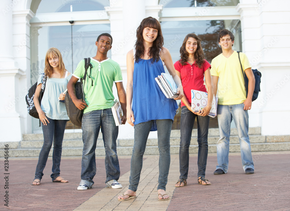 Fototapeta premium Group Of Teenage Students Standing Outside College Building