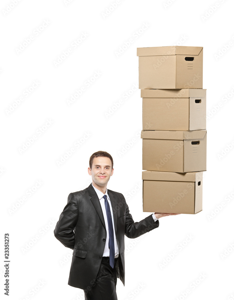 Businessman holding a paper boxes isolated on white background Businessman holding a paper boxes isolated on white background