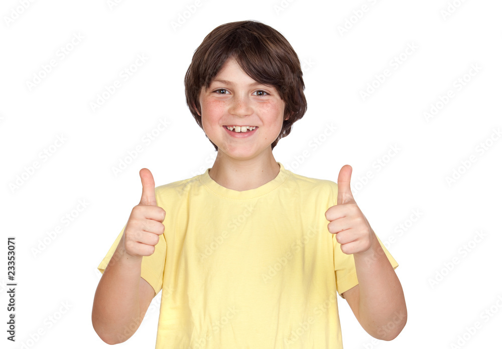 Funny portrait of freckled boy accepting