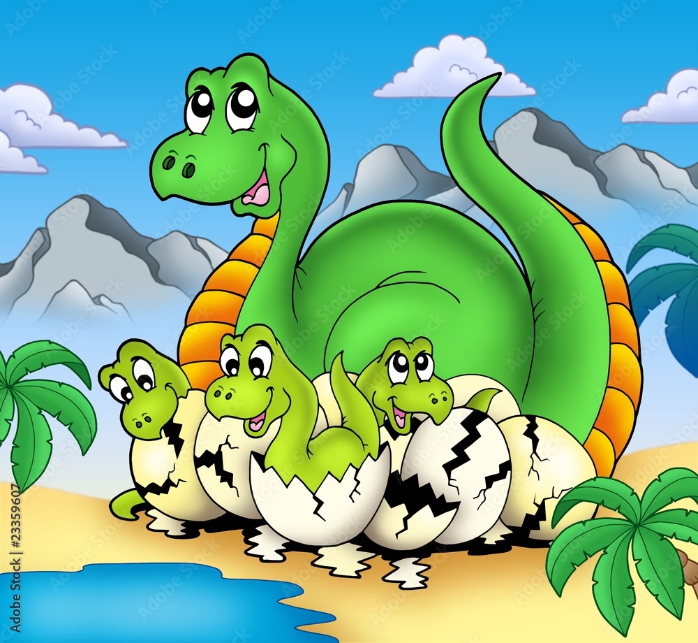 Fototapeta premium Mama dinozaurów z małymi dziećmi