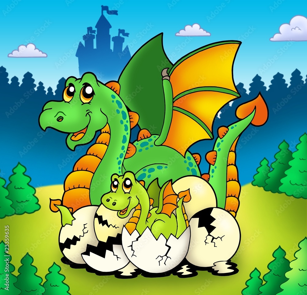 Fototapeta premium Dragon mom with baby in forest