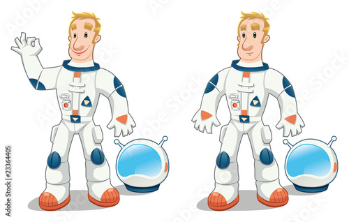 Astronaut in two poses. Cartoon and vector isolated character.