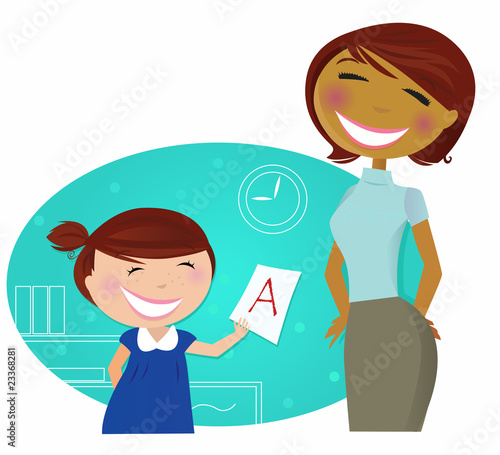 Small cute child come to home with good grades. VECTOR