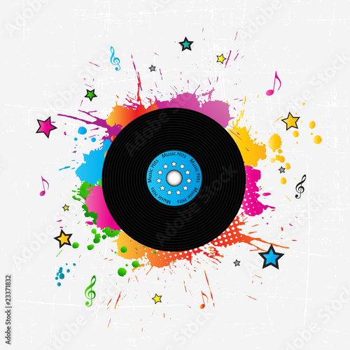 Music background with vinyl plate and ink splashes