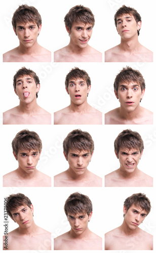 Young man face expressions composite isolated on white