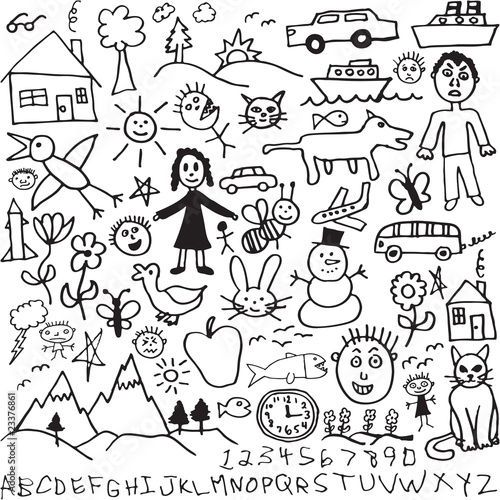 Unique hand drawn, child like drawings in vector format